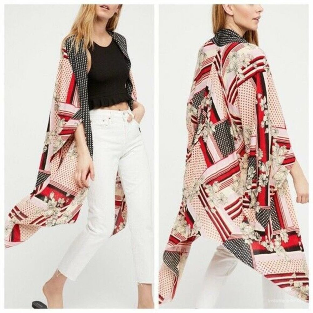 Free People Red Black Morning Glory Open Cut Out Kimono Robe  Women's One Size